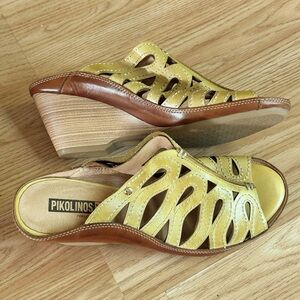 PIKOLINOS Women's Yellow Leather Cutout Wedge Sandals Size 40